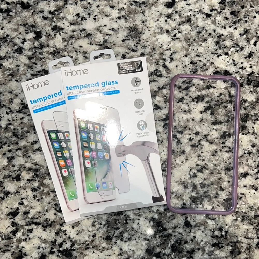 NEW Tempered Glass Screen Protectors w/USED iPhone Clear & Purple Lined Case
